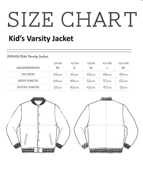 Size Chart - Kid's Varsity Jacket